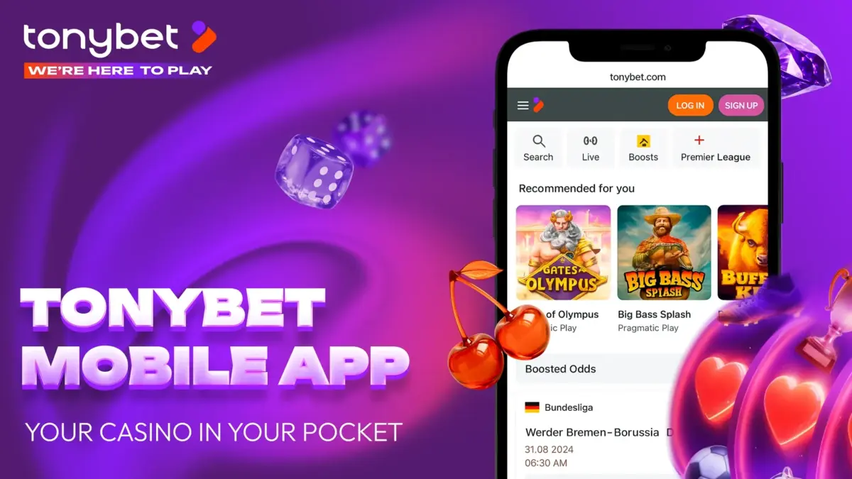 Tonybet mobile app: the casino lobby on a phone with Gates of Olympus and Big Bass Splash
