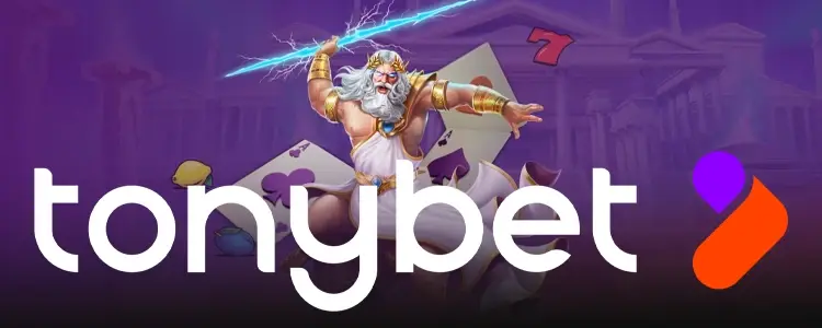 Tonybet wordmark over a Greek-temple slot scene with a lightning-throwing god