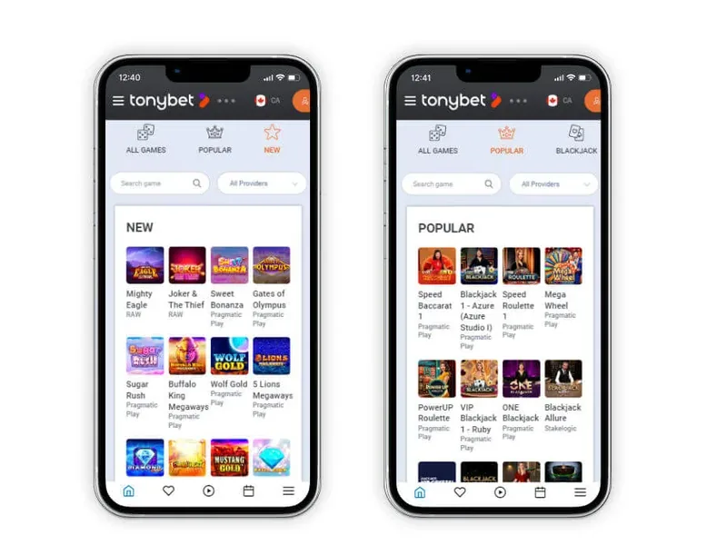 Tonybet Casino lobby on two phones with the Canadian flag in the top bar