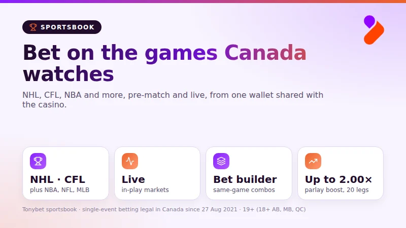 Tonybet sportsbook for Canada: NHL and CFL markets, live betting, bet builder and a parlay boost of up to 2.00x